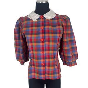 Vtg 80s Plaid Prairie Blouse Eyelet Peter Pan Collar Puff Sleeve Top Princess Di